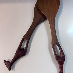 Hand-Carved Wooden Giraffe Salad Servers - Brown